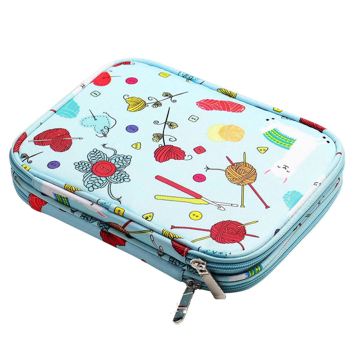 Double Zip Crochet Hook Case -Light Blue Llama