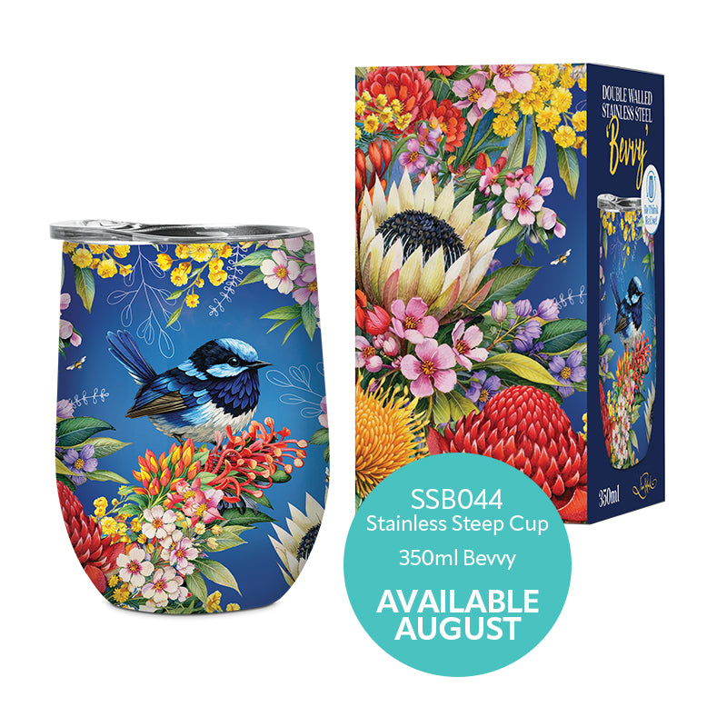 Lisa Pollock Bevvy Travel Mug 350ml Floral Fairy Wrens - SSB044