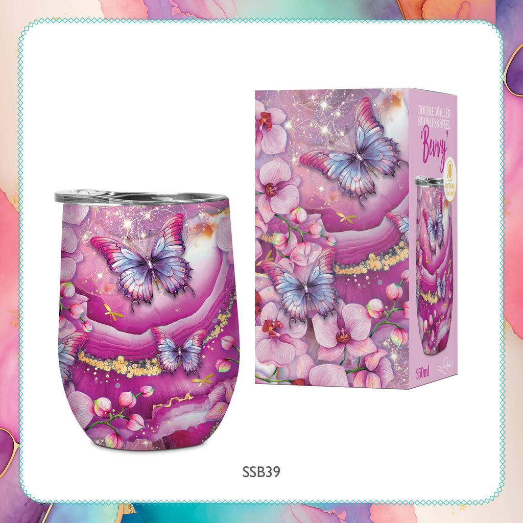 Lisa Pollock Bevvy Travel Mug 350ml Fuchsia Butterfly Orchid SSB039