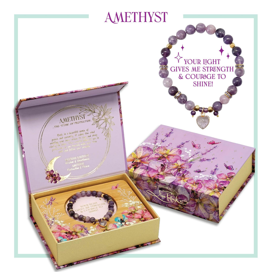 Lisa Pollock Heart Shaped Crystal Bracelet Gift Set Amethyst - BRC07
