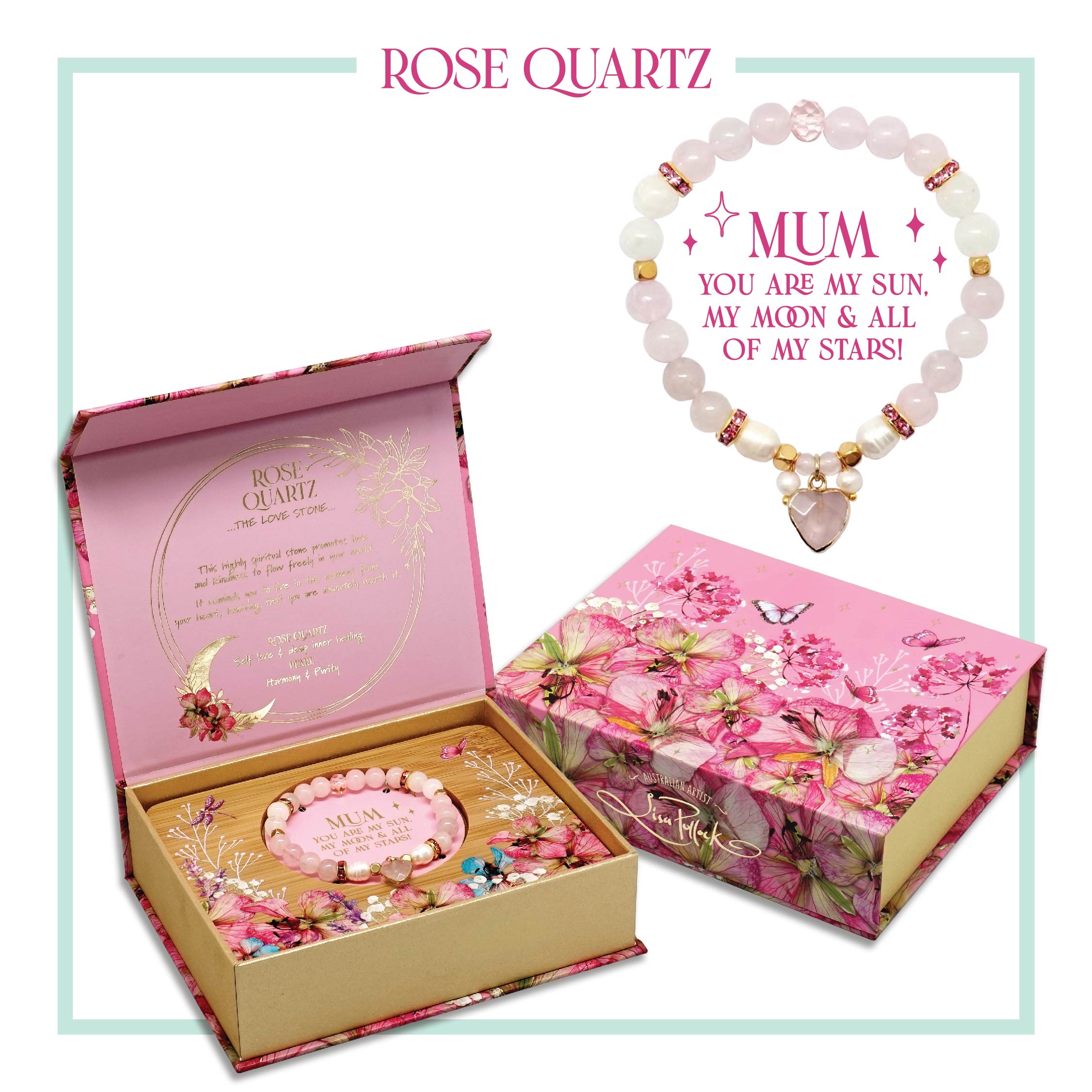 Lisa Pollock Heart Shaped Crystal Bracelet Gift Set Rose Quartz - BRC08