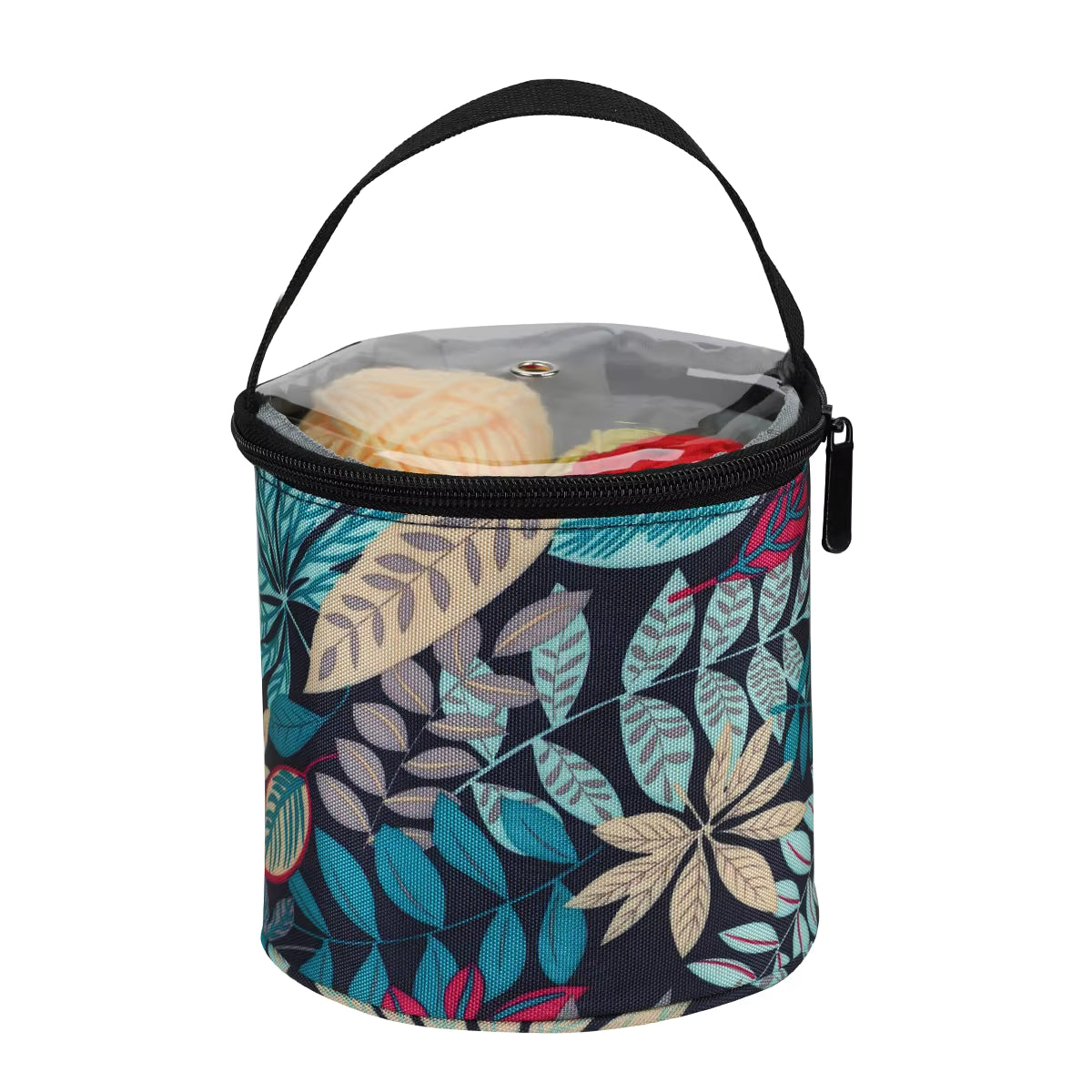 Single Ball Project Bag - Teal Leaves with Clear Lid 1
