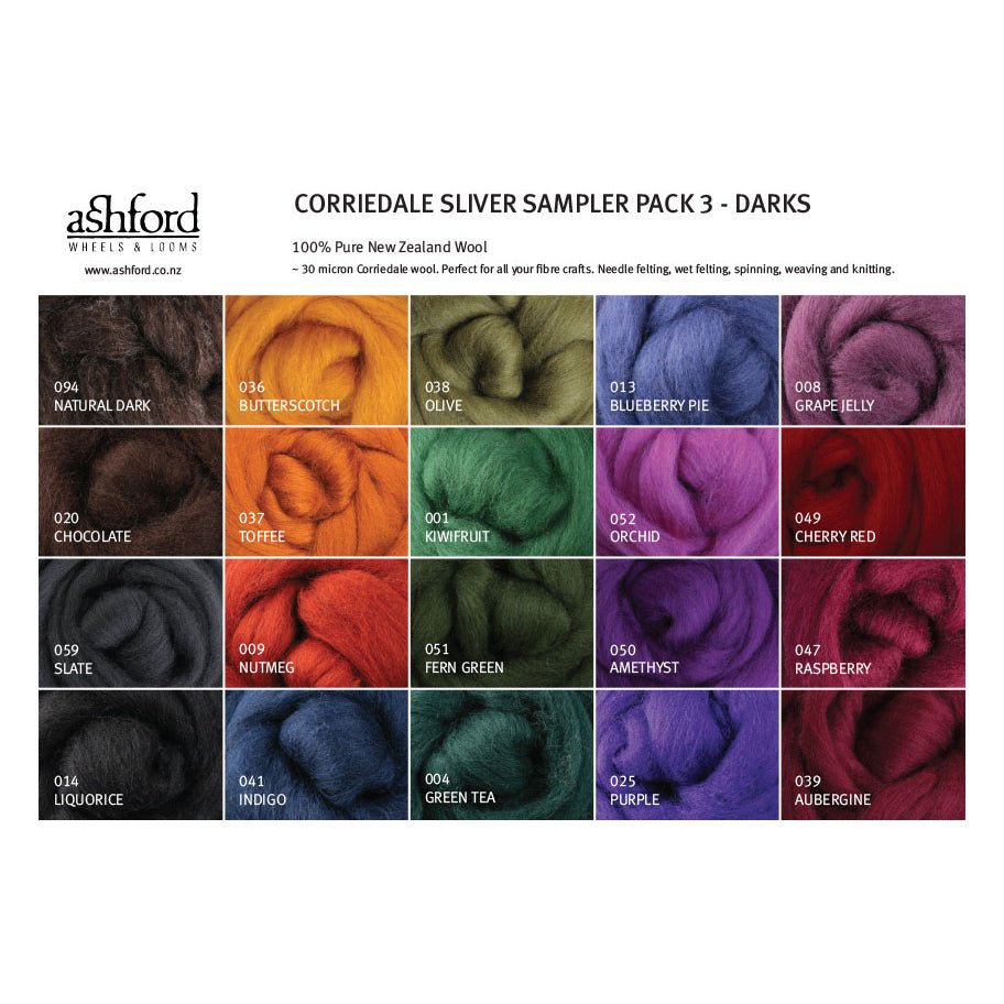 Ashford Corriedale Sliver Sample Pack - Darks 3 - FSP3 - Mooroolbark Wool
