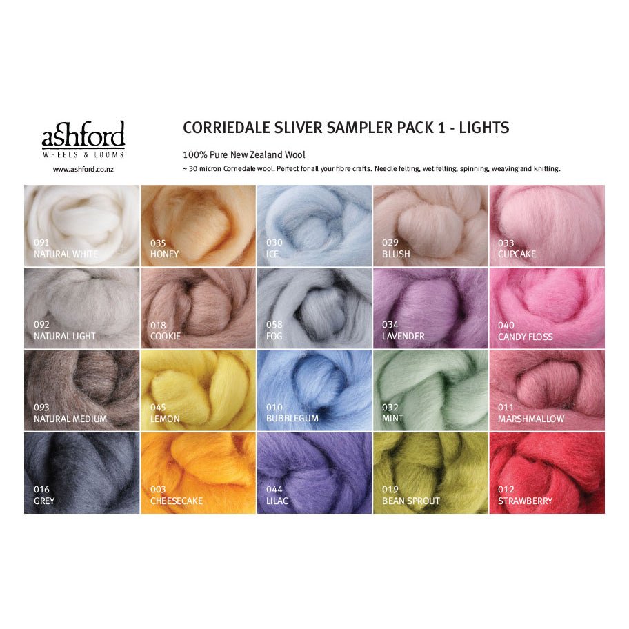 Ashford Corriedale Sliver Sample Pack - Lights 1 - FSP1 - Mooroolbark Wool