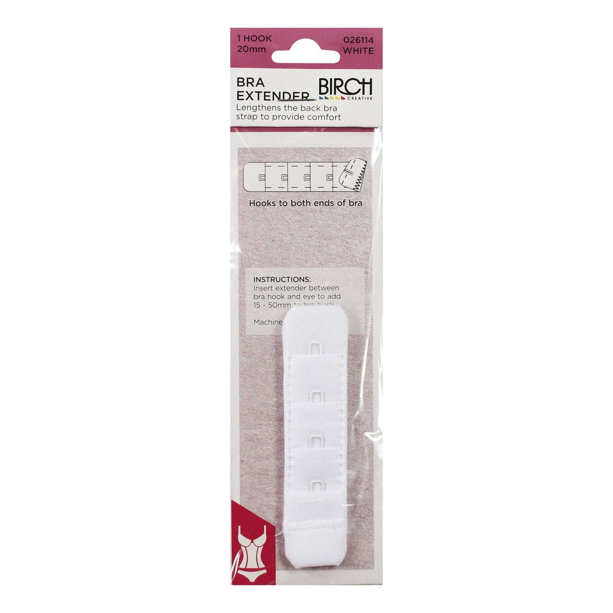 Birch Bra Extender 1 Hook 20mm White - 026114 - Mooroolbark Wool