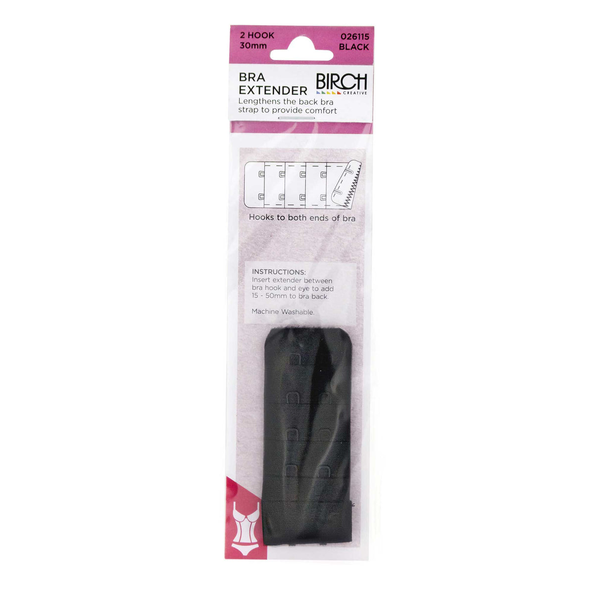 Birch Bra Extender 2 Hook 30mm Black - 026115 - Mooroolbark Wool