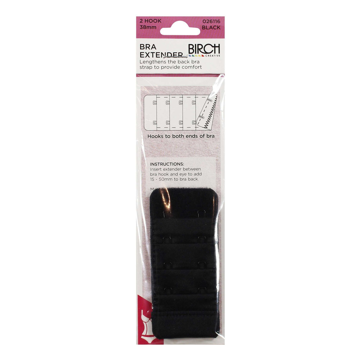 Birch Bra Extender 2 Hook 38mm Black - 026116 - Mooroolbark Wool