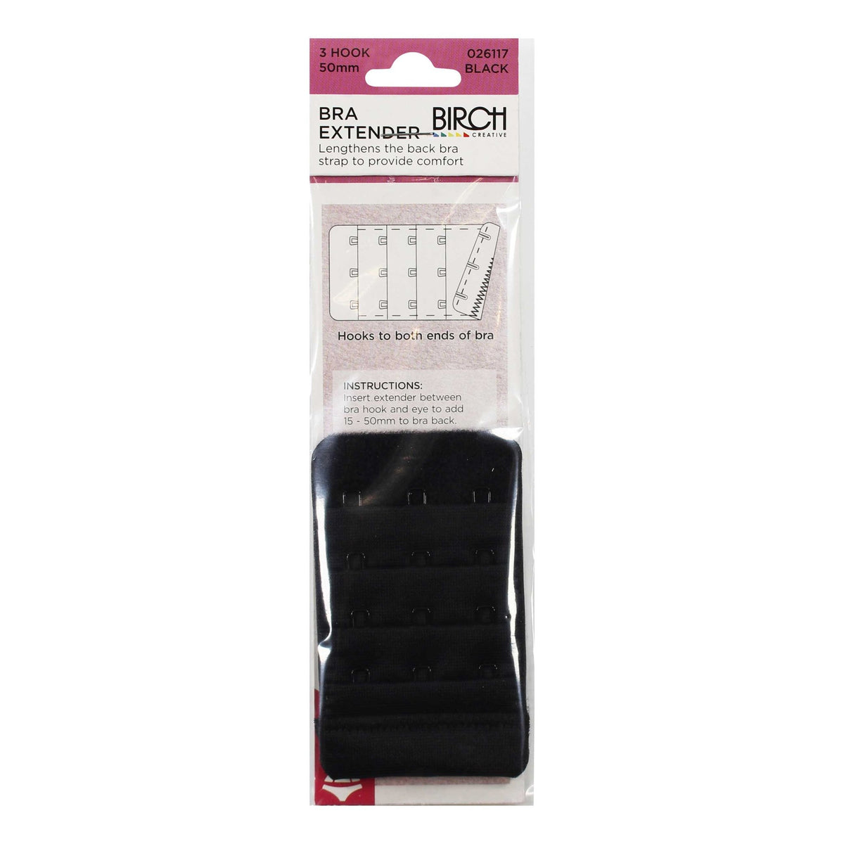 Birch Bra Extender 3 Hook 50 mm Black - 026117 - Mooroolbark Wool