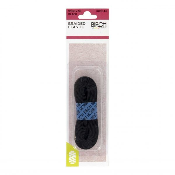 Birch Braided Elastic Black 12mm x 2m - 009043 - Mooroolbark Wool
