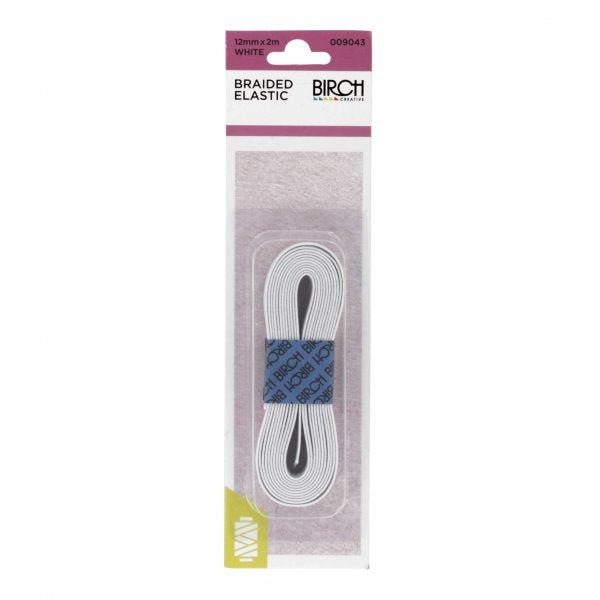 Birch Braided Elastic White 12mm x 2m - 009043 - Mooroolbark Wool