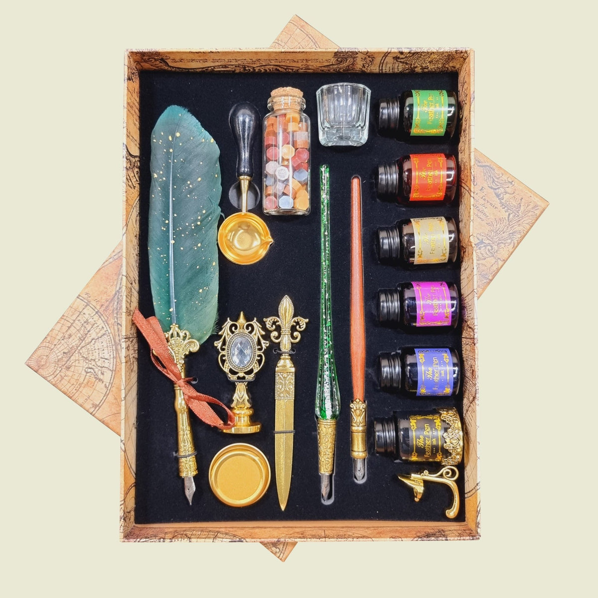 Feather Calligraphy Pen Set  With Wax Stamp Set - Green - Mooroolbark Wool
