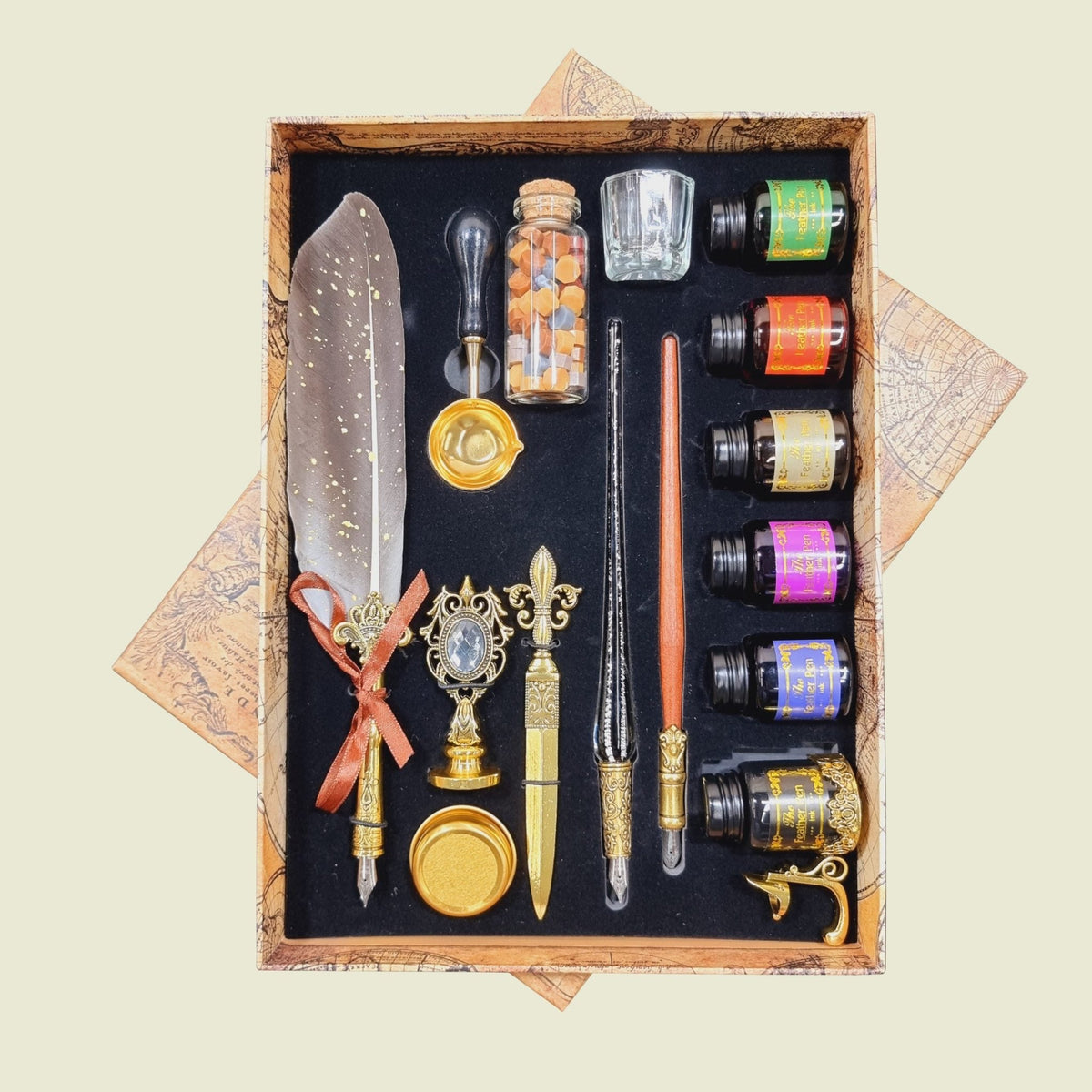 Feather Calligraphy Pen Set With Wax Stamp Set - White - Mooroolbark Wool