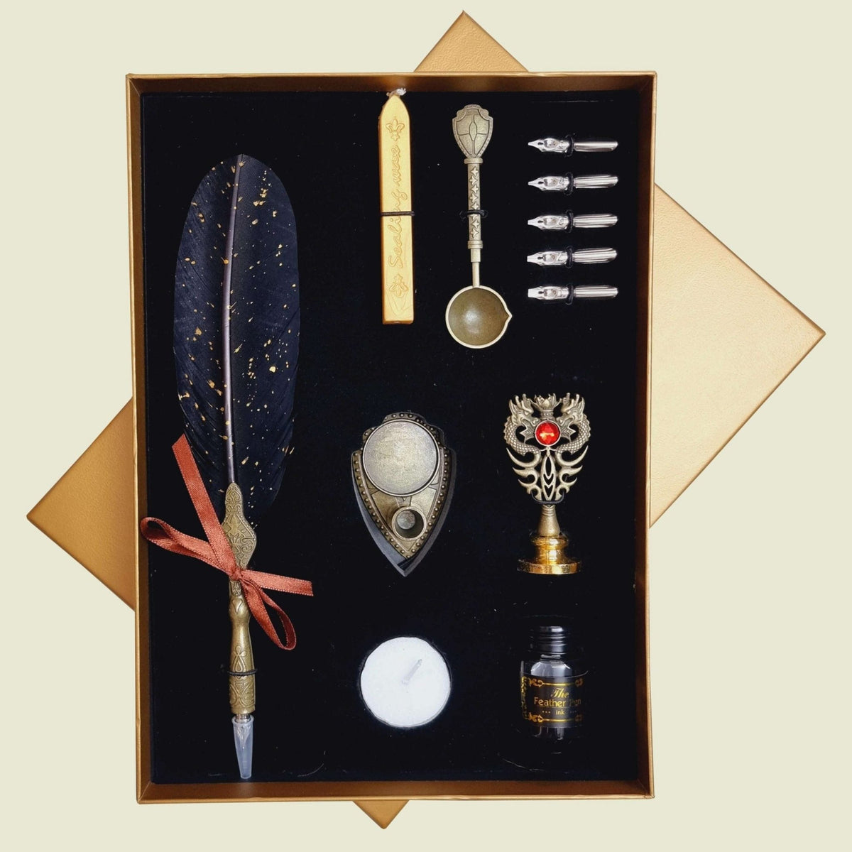 Feather Pen with Wax Stamp Set - Black - SR-FPS - 012 - Mooroolbark Wool