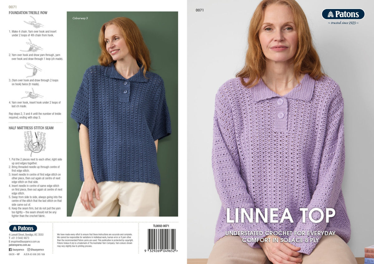 Leaflet 0071 - Patons Solace Linnea Top 8 ply - Mooroolbark Wool