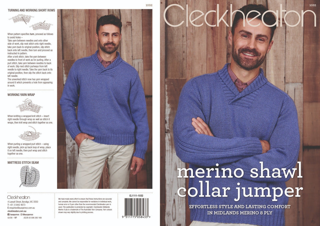 Leaflet 1032 - Cleckheaton Merino Shawl Collar Jumper - Mooroolbark Wool