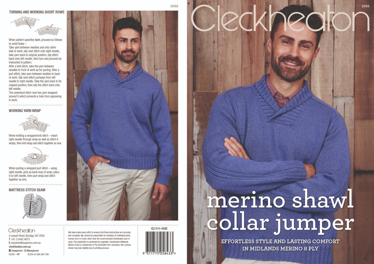 Leaflet 1032 - Cleckheaton Merino Shawl Collar Jumper - Mooroolbark Wool
