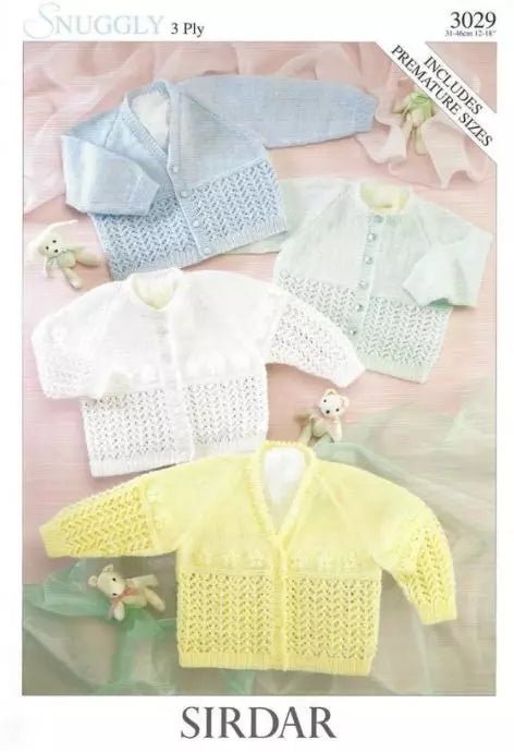 Leaflet 3029 - Sirdar Snuggly 3 ply - Prem to 6 mths cardigans - Mooroolbark Wool
