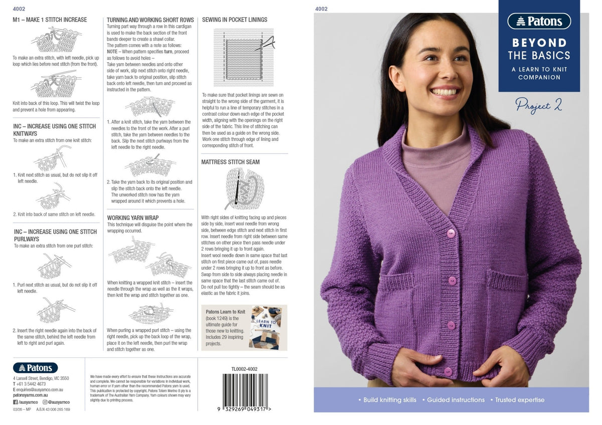 Leaflet 4002 - Patons Beyond The Basics Project 2 (Knit) jacket - Mooroolbark Wool