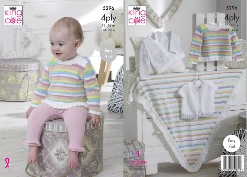 Leaflet 5296 - King Cole 4 ply jumper, cardigan & blanket - Mooroolbark Wool