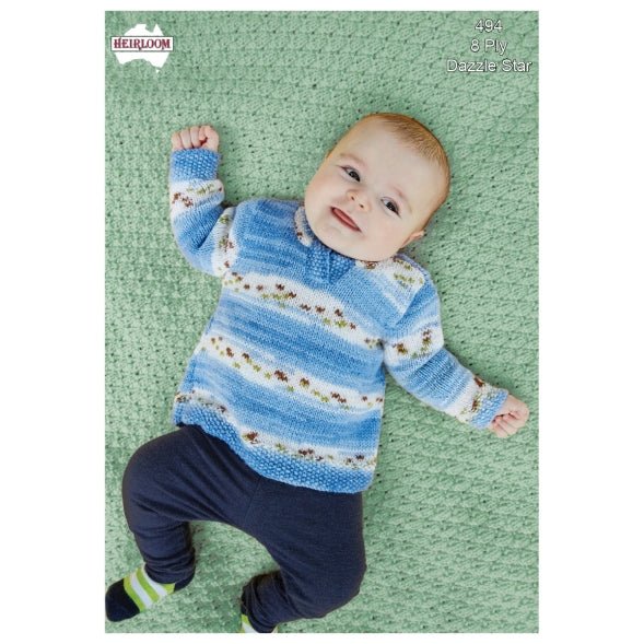 Leaflet HL494 - Heirloom Jumper with moss stitch bands. HL6002 - Mooroolbark Wool