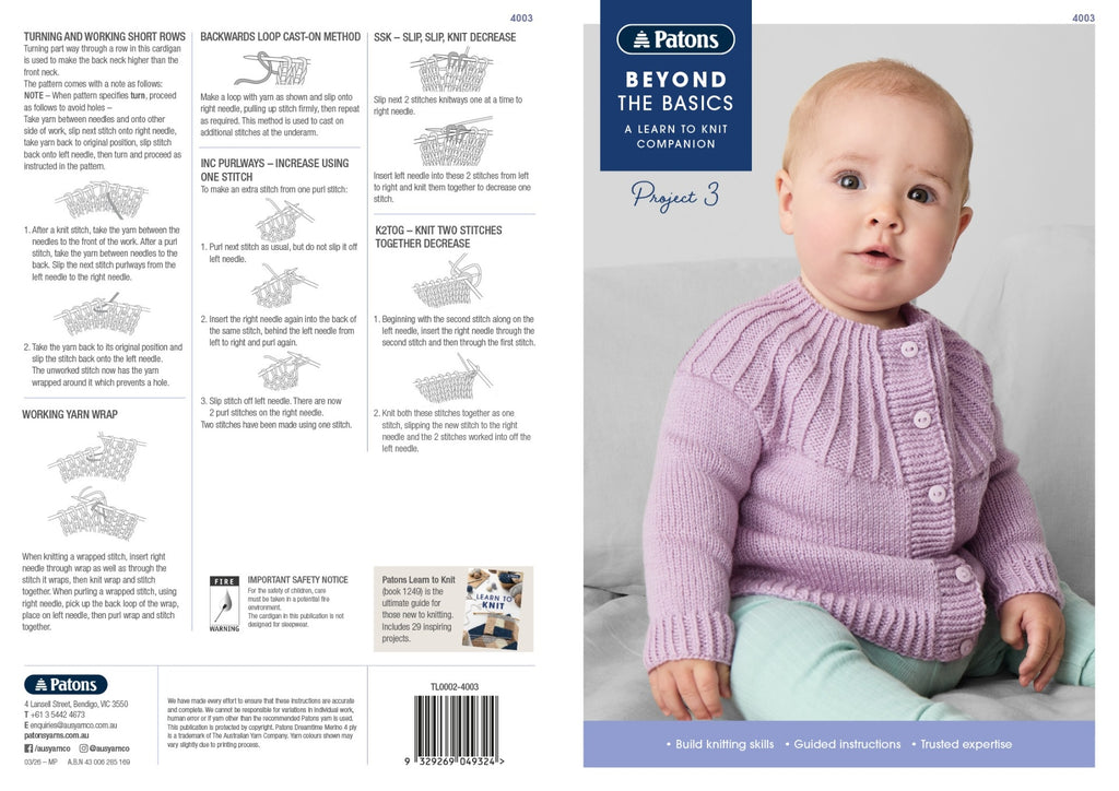 Leaflet 4003 - Patons Beyond The Basics: Project 3 (Knit) baby cardigan