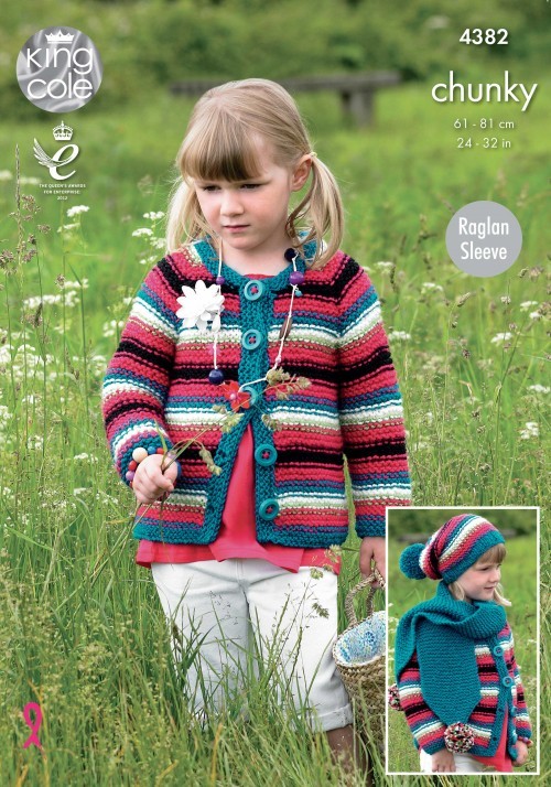 Leaflet 4382 - King Cole Chunky cardigan, hat, scarf & dress SALE