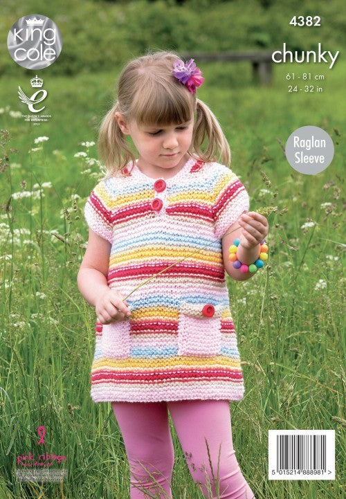 Leaflet 4382 - King Cole Chunky cardigan, hat, scarf & dress SALE
