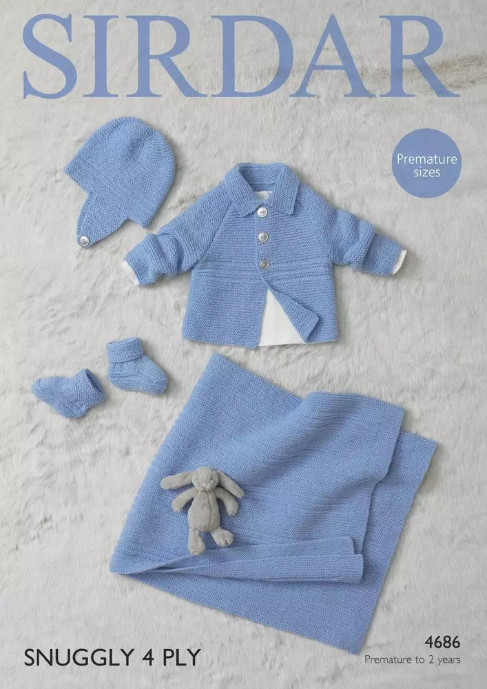 Leaflet 4686 - Sirdar Snuggly 4 ply Prem - 2 yrs Jacket, hat, sox & blanket