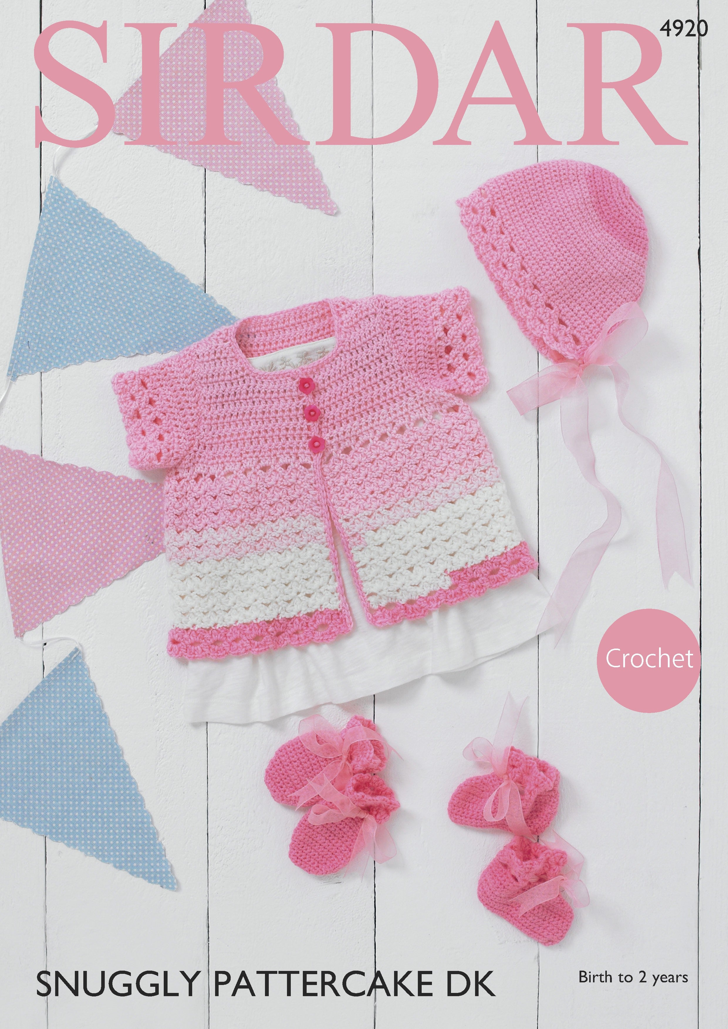 Leaflet 4920 - Sirdar DK Crochet  jacket, bonnet, bootees & mitts