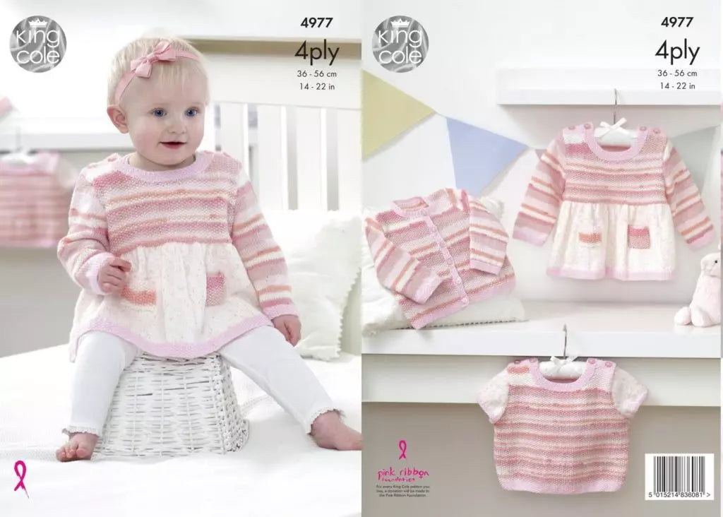 Leaflet 4977 - King Cole 4 Ply dress, cardigan & jumper