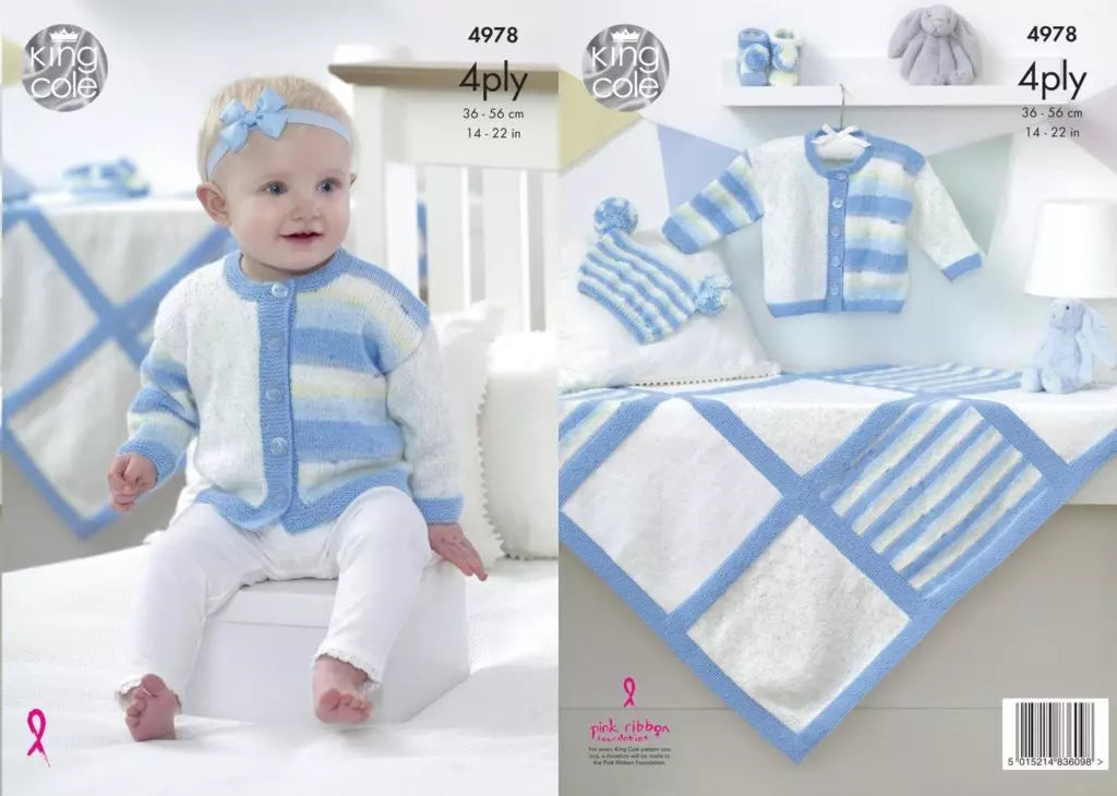 Leaflet 4978 - King Cole 4 ply cardigan, hat & blanket