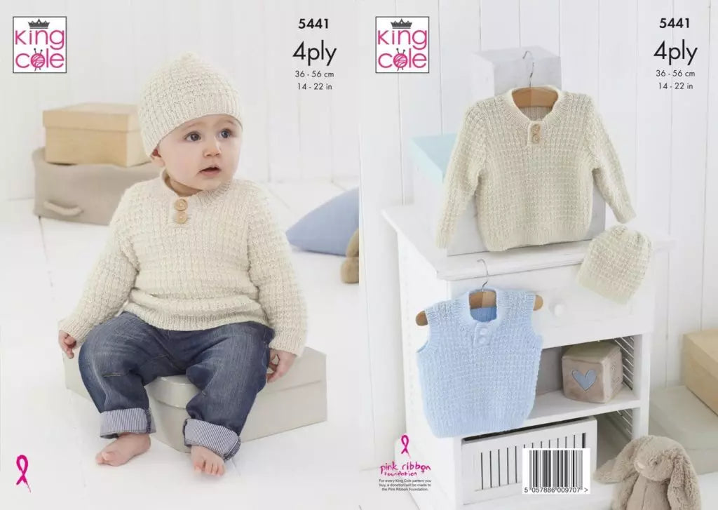 Leaflet 5441 - King Cole 4 ply jumper, vest & hat