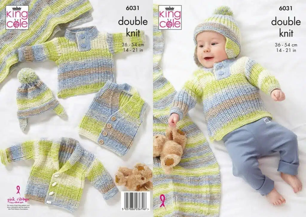 Leaflet 6031 - King Cole DK jumper, cardigan, vest, hat & blanket