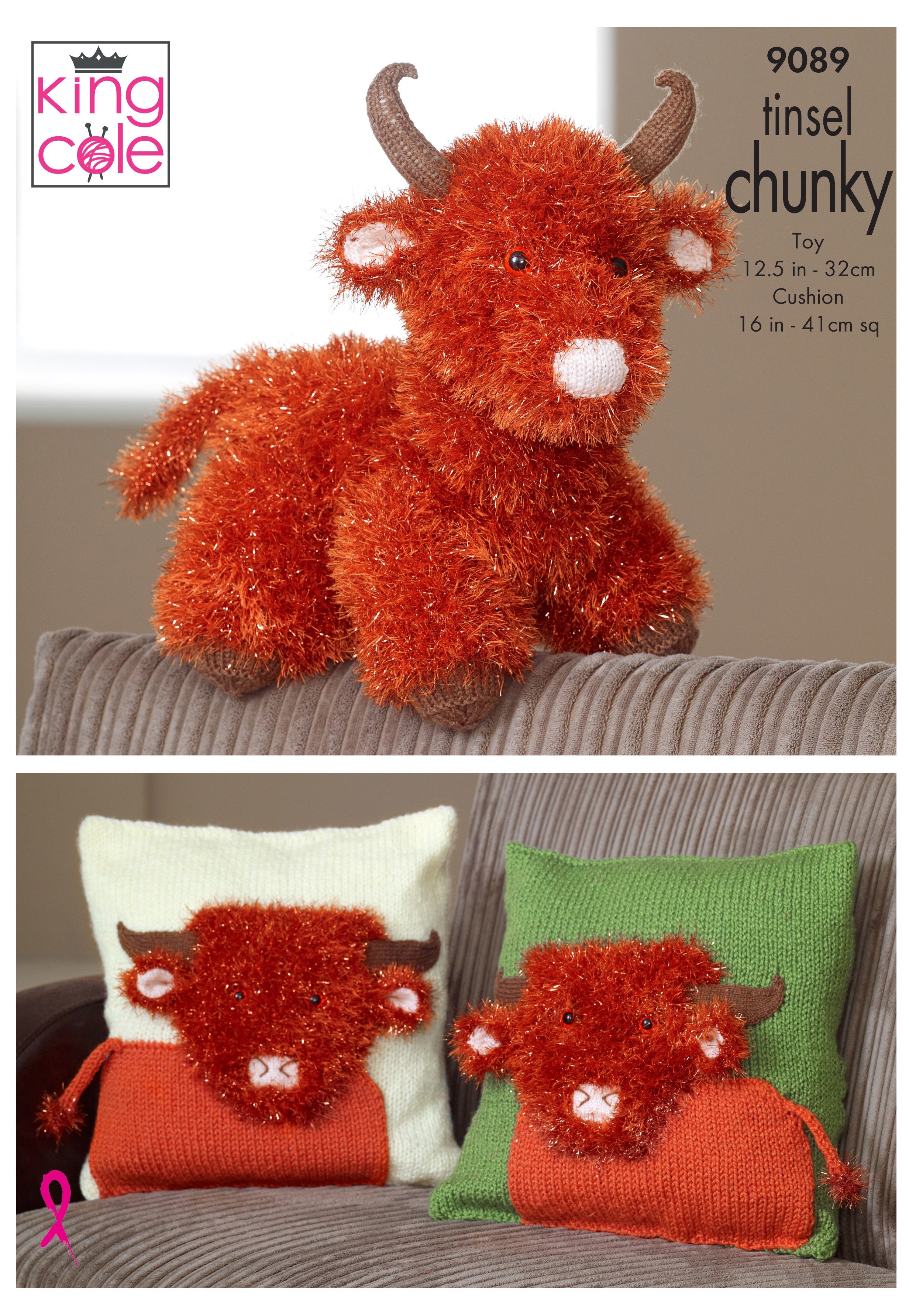 Leaflet 9089 - King Cole Tinsel highland cow toy and cushion
