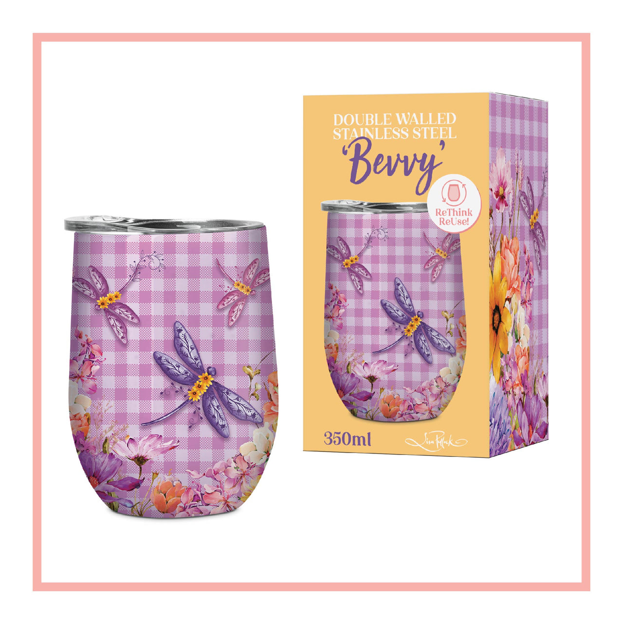 Lisa Pollock Bevvy Travel Mug 350ml-Dragonfly Fields SSB024