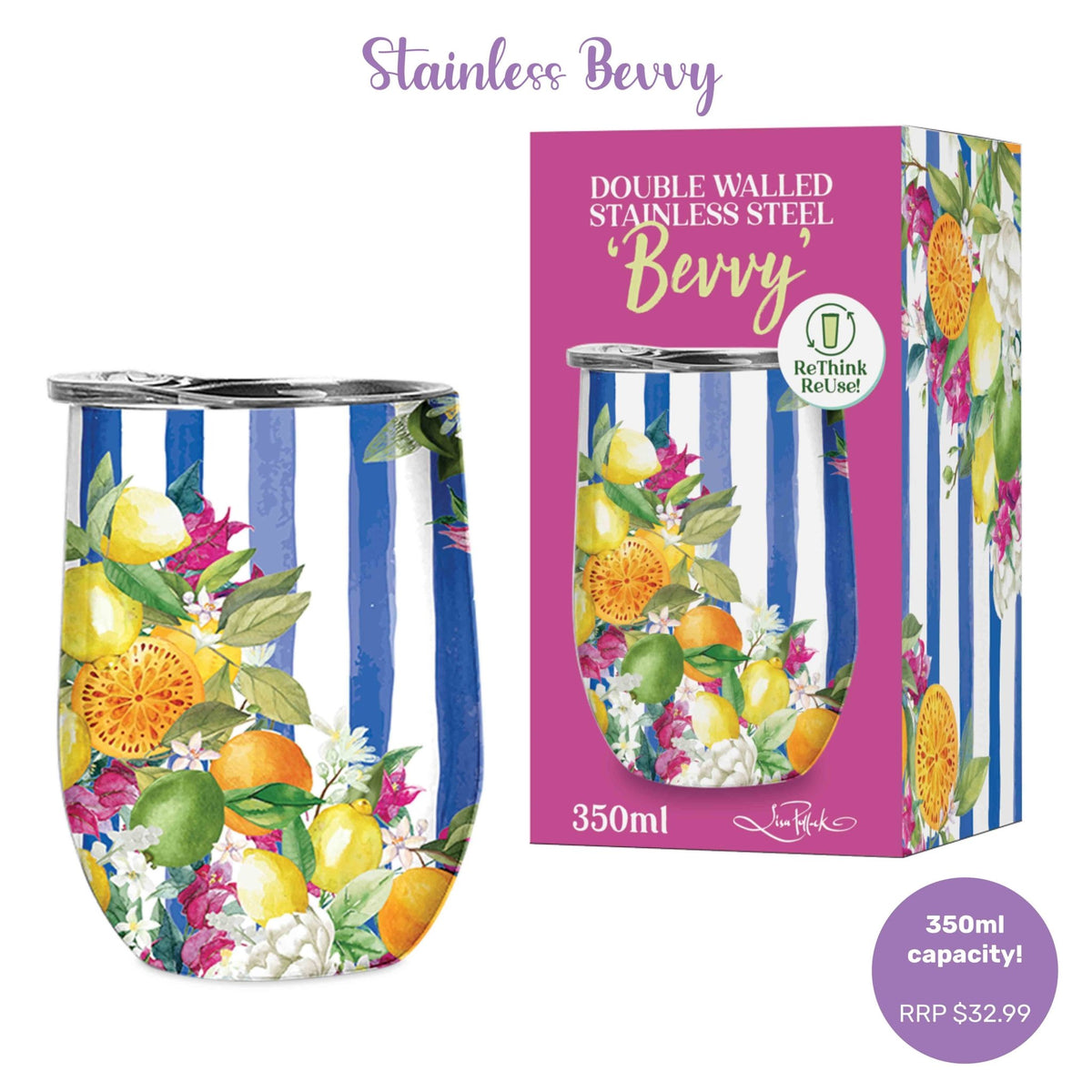 Lisa Pollock Bevvy Travel Mug 350ml - Amalfi Coast SSB022 - Mooroolbark Wool