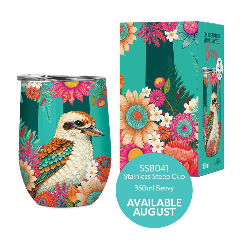 Lisa Pollock Bevvy Travel Mug 350ml - Brilliant Kookaburra SSB041 - Mooroolbark Wool