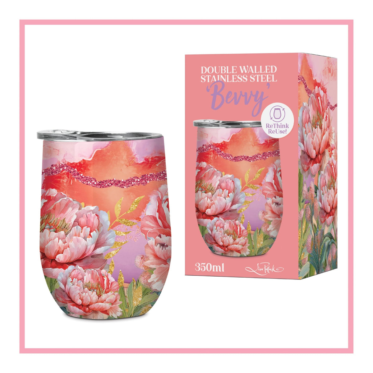 Lisa Pollock Bevvy Travel Mug 350ml - Coral Peony SSB032      X disc - Mooroolbark Wool