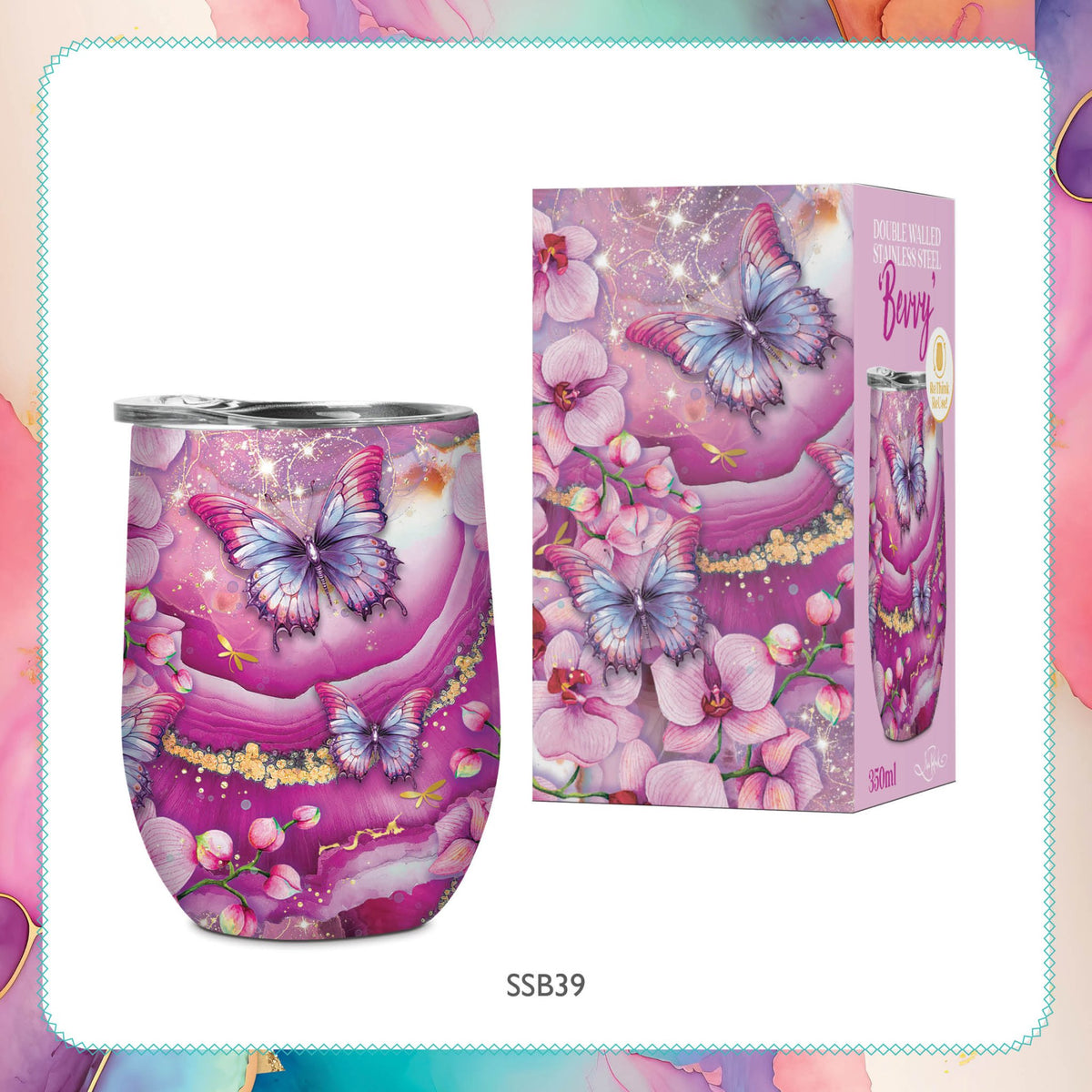 Lisa Pollock Bevvy Travel Mug 350ml - Fuchsia Butterfly Orchid SSB039 - Mooroolbark Wool
