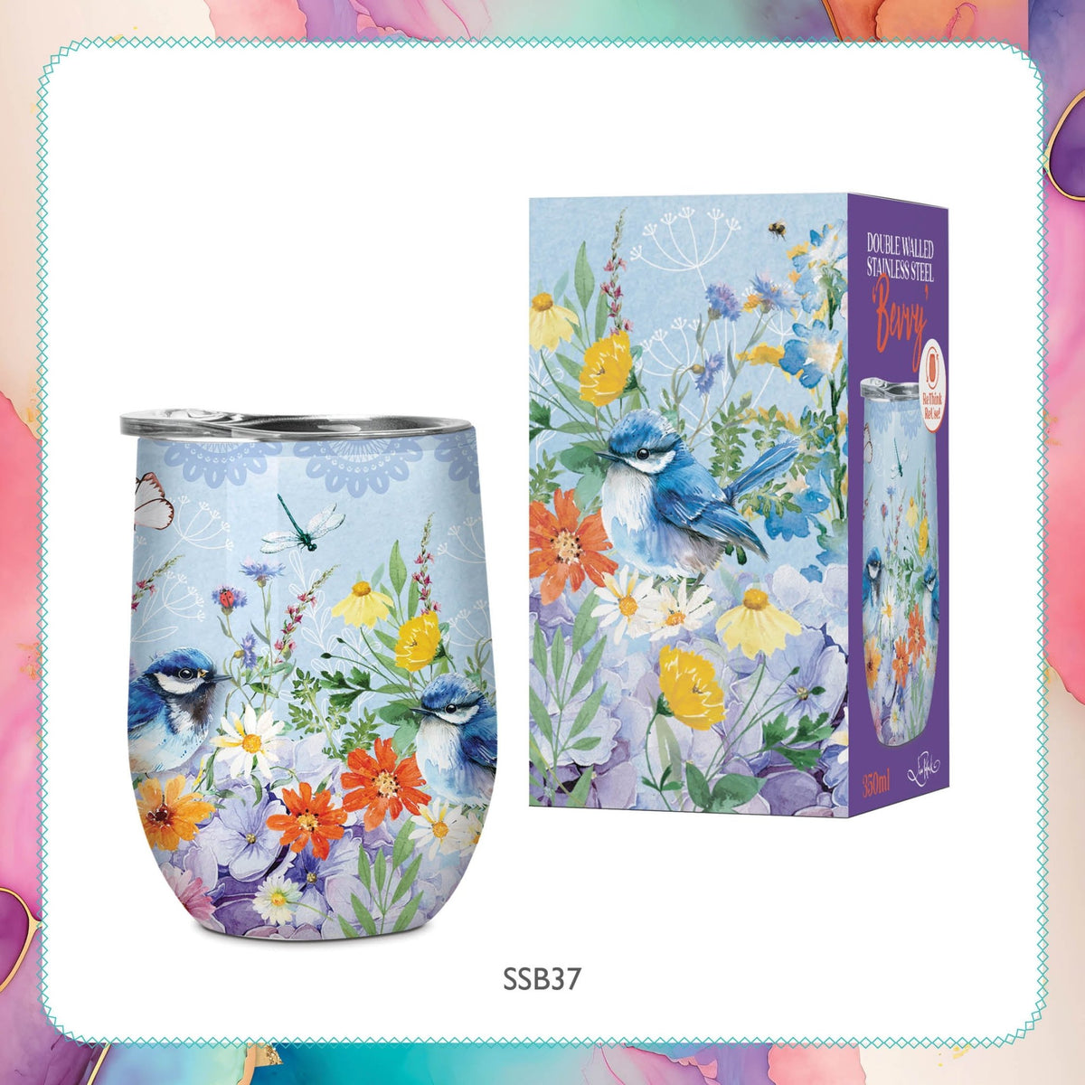 Lisa Pollock Bevvy Travel Mug 350ml - Tea Time Wrens SSB037 - Mooroolbark Wool