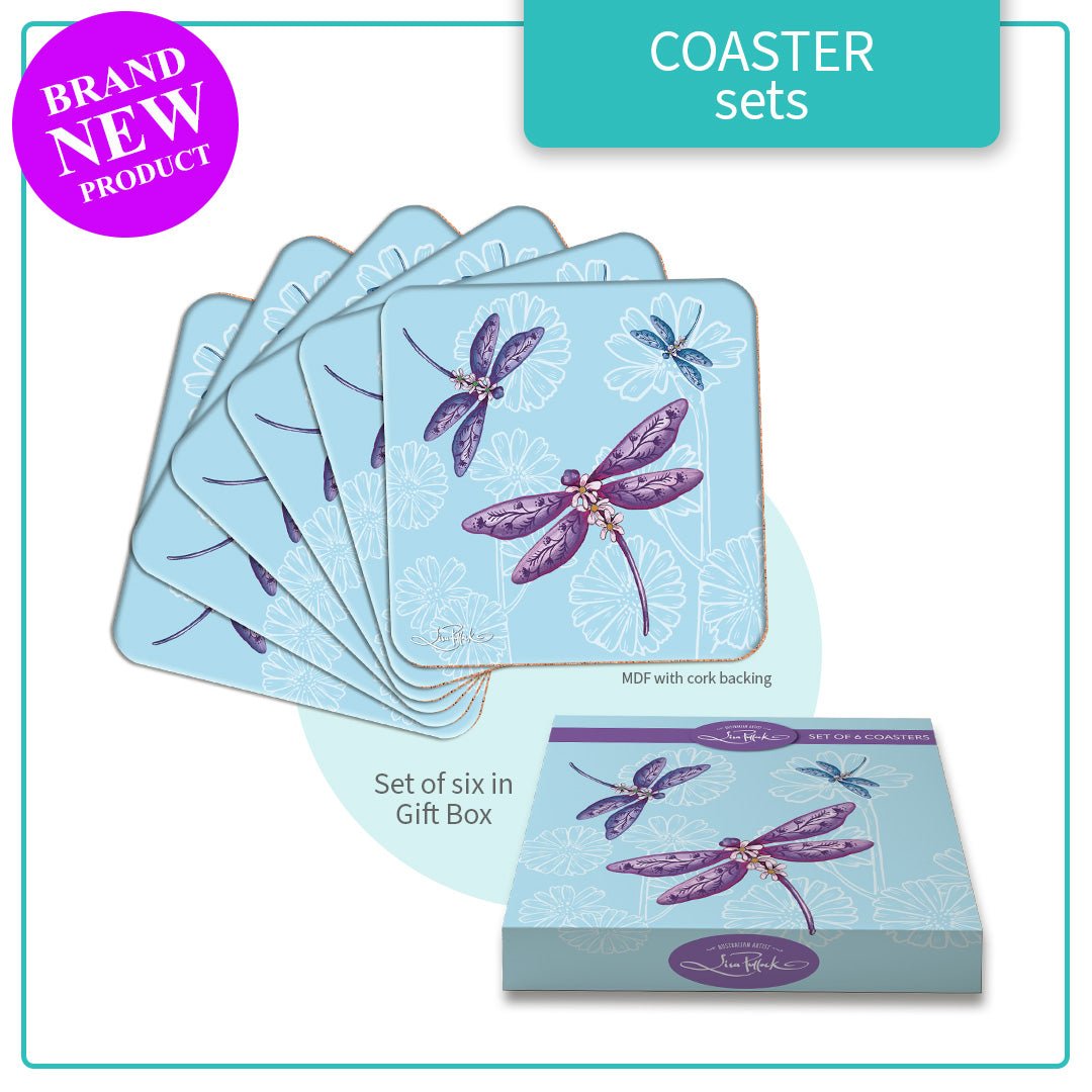 Lisa Pollock Coasters Set - CSTR07 - Lavender Dragonfly - Mooroolbark Wool