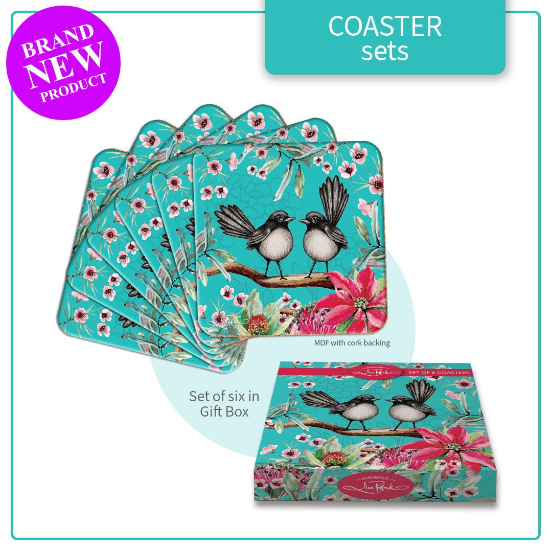 Lisa Pollock Coasters Set - CSTR08 - Willy Wagtails - Mooroolbark Wool