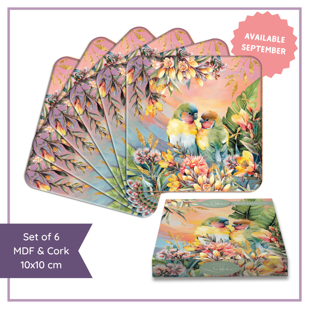 Lisa Pollock Coasters Set - CSTR18 - Sunset Love Birds - Mooroolbark Wool