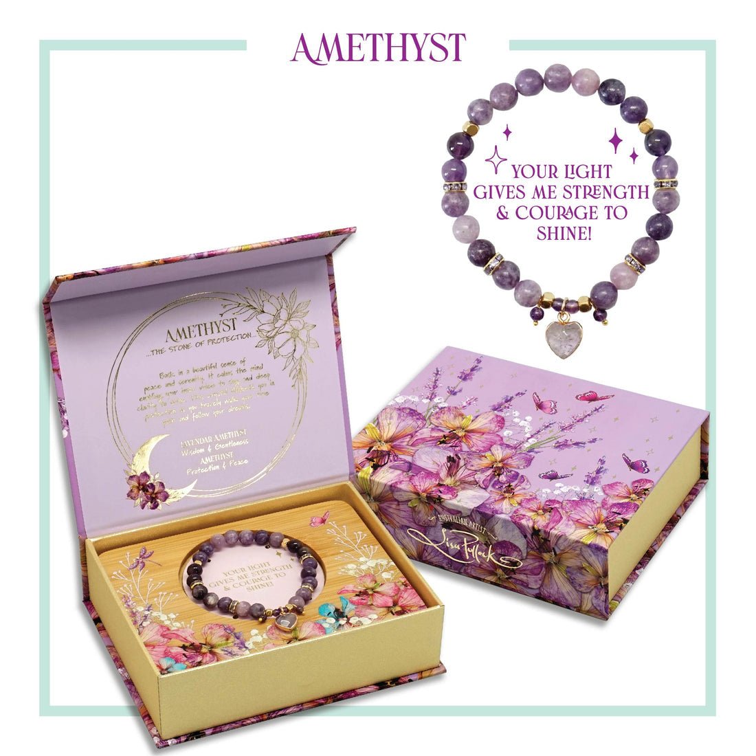 Lisa Pollock Heart Shaped Crystal Bracelet Gift Set Amethyst BRC07 - Mooroolbark Wool