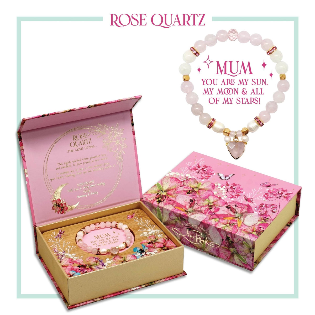 Lisa Pollock Heart Shaped Crystal Bracelet Gift Set Rose Quartz BRC08 - Mooroolbark Wool