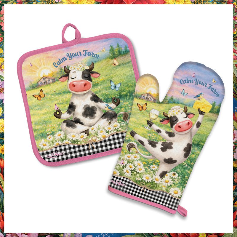 Lisa Pollock Oven Mitt Pot Holder Set Calm your Farm - OMPH35 - Mooroolbark Wool
