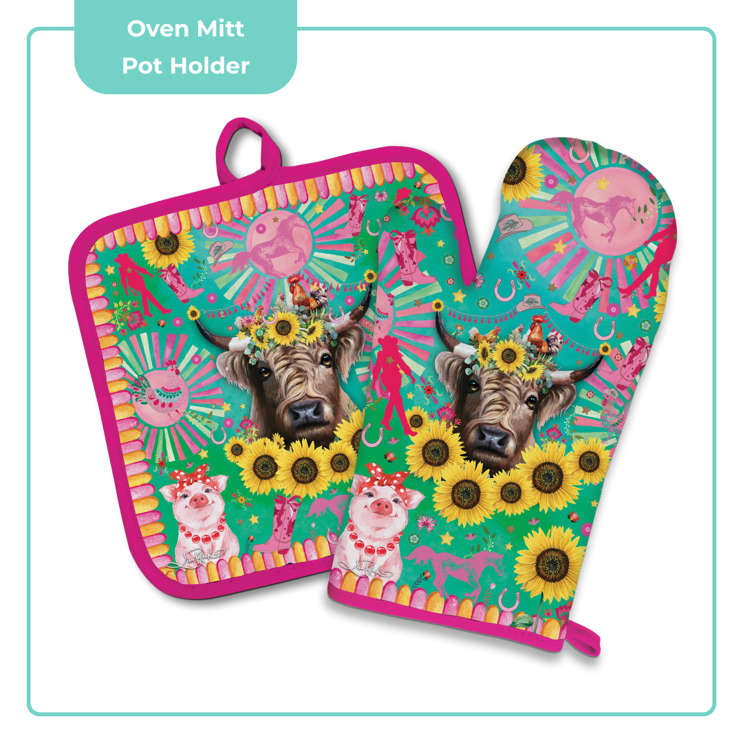 Lisa Pollock Oven Mitt Pot Holder Set Carnival Cow - OMPH26 - Mooroolbark Wool
