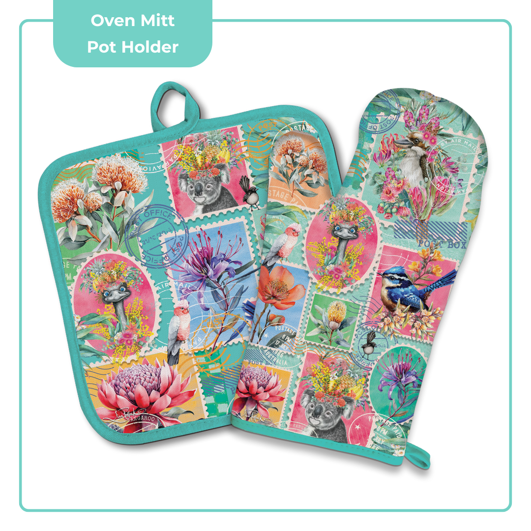 Lisa Pollock Oven Mitt Pot Holder Set Pretty Postage - OMPH25 - Mooroolbark Wool