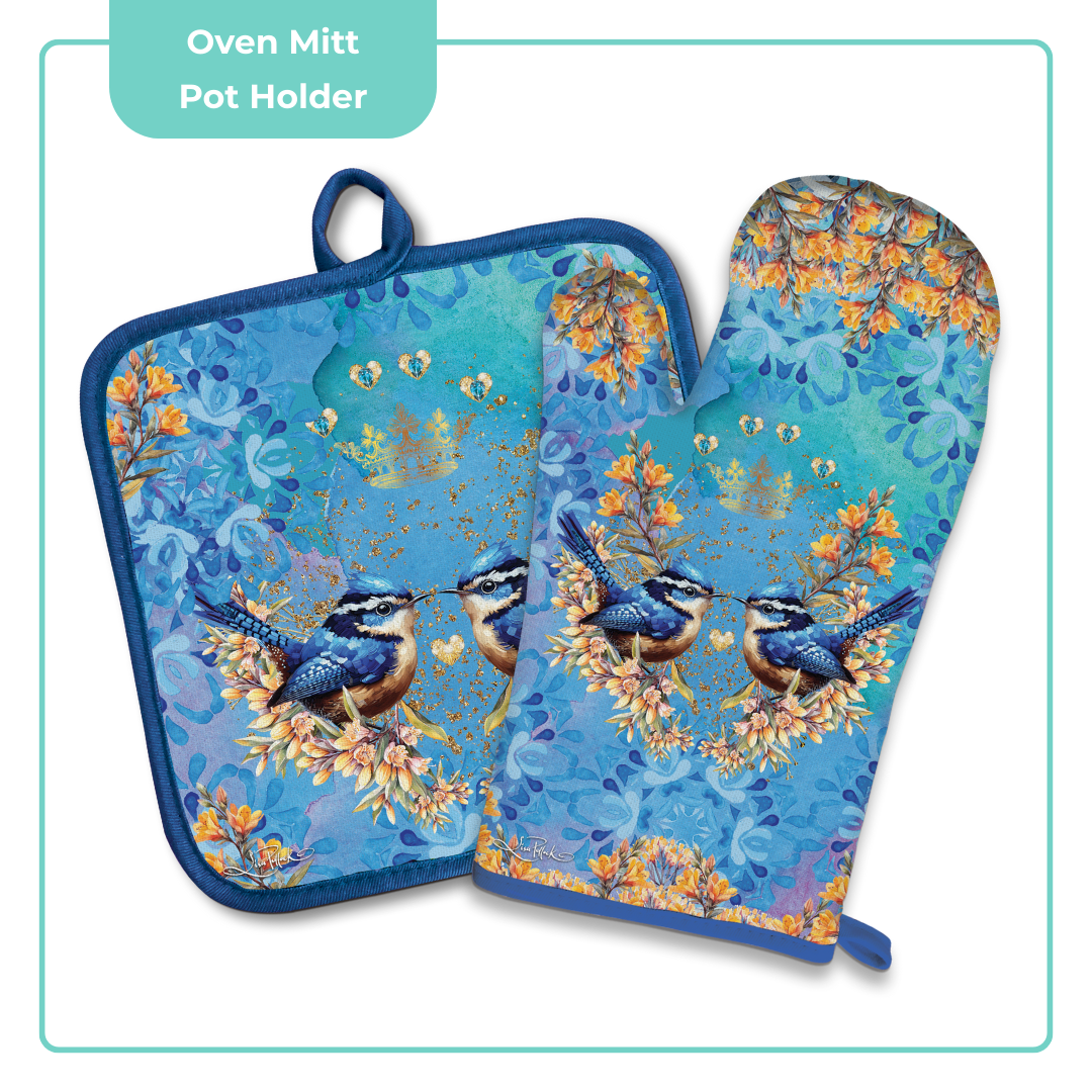 Lisa Pollock Oven Mitt Pot Holder Set Royal Wrens- OMPH24 - Mooroolbark Wool