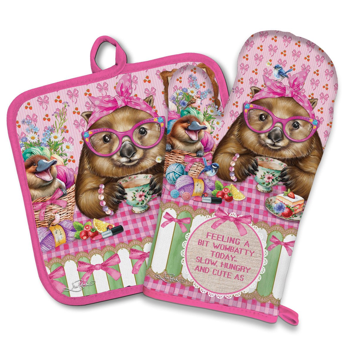 Lisa Pollock Oven Mitt Pot Holder Set Wonda Wombat - OMPH29 - Mooroolbark Wool